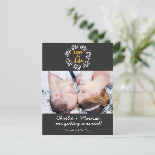 Rustikales Keilleaf SAVE THE DATE Foto Postkarte (Stehend Vorderseite)