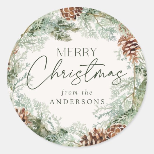 Rustikales Kiefernkiefer Kranz Runder Aufkleber (Vorderseite)