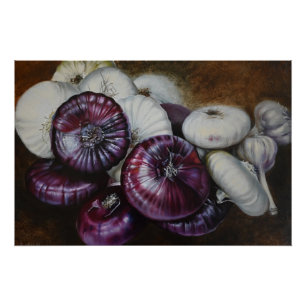 Rustikales Knoblauch- und Zwiebel-Stillleben – Fin Poster