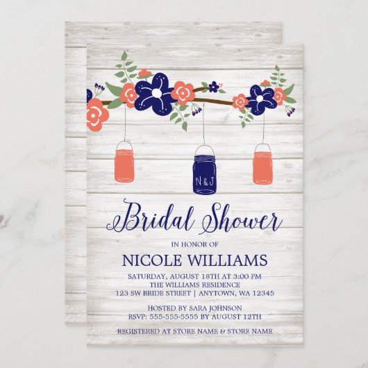 Rustikales Korallenriff-Mason-Jar-Zweig-Brautparty Einladung (Vorne/Hinten)