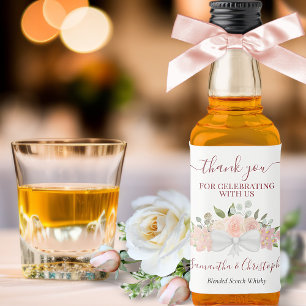 Rustikales Korallenrosa Blumenzwiese Danke Mini Alkoholflaschenetikett