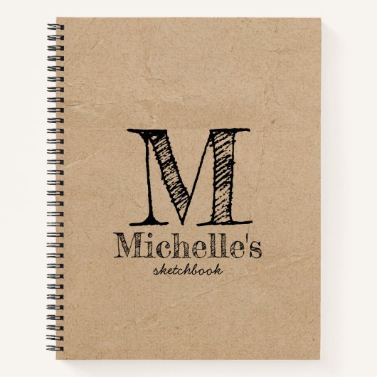 Rustikales Kraft Brown Paper Look Monogram Sketchb Notizblock (Vorderseite)
