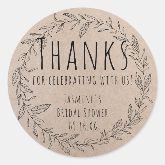 Rustikales Kraft Paper Floral Wreath Brautparty Runder Aufkleber (Vorderseite)