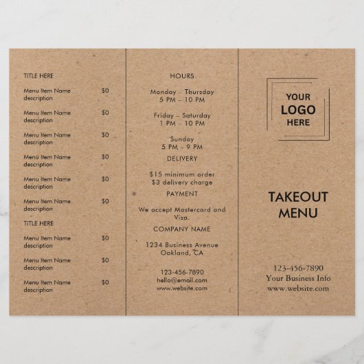 Rustikales Kraft-Restaurant-Abholmenü-Design (Vorderseite)