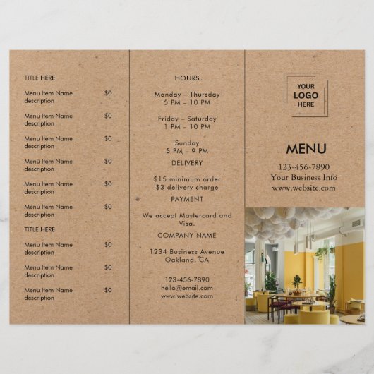Rustikales Kraft-Restaurant-Abholmenü-Design (Vorderseite)