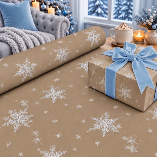 Rustikales Kraft Silber-Schneeflocken-Geschenkpapi Geschenkpapier