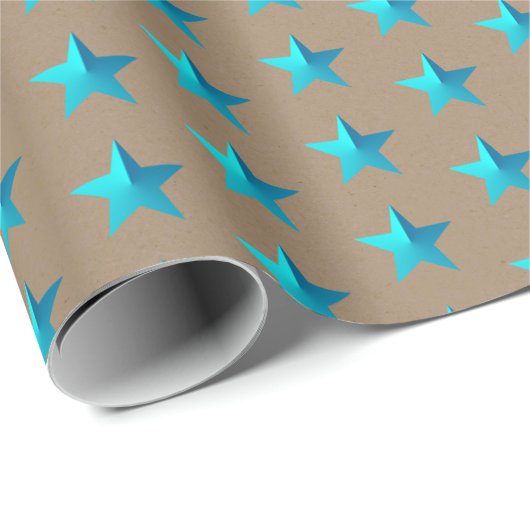 Rustikales Kraft Türkise Blue Stars Wrapping Paper Geschenkpapier (Rolleneckpunkt)