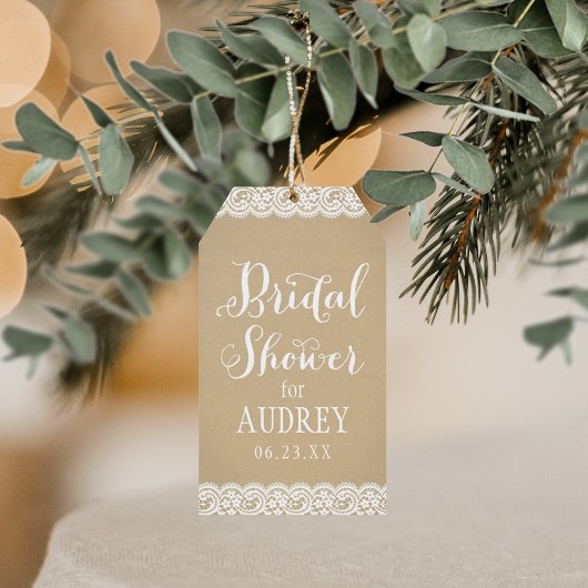 Rustikales Kraft- und Spitzen-HochzeitsBrautparty Geschenkanhänger