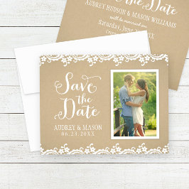 Rustikales Kraft- und Spitzen-HochzeitsFoto Save The Date