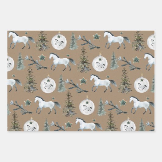 Rustikales Kraft Winter White Horse & Blue Spruce Geschenkpapier Set (Vorderseite 3)