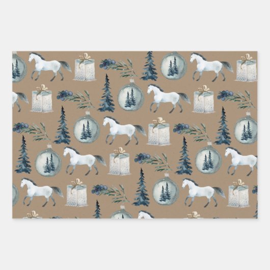 Rustikales Kraft Winter White Horse & Blue Spruce Geschenkpapier Set (Vorderseite 2)