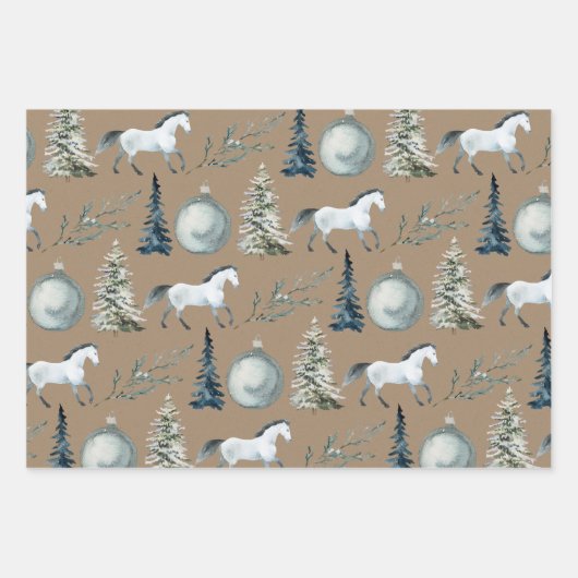 Rustikales Kraft Winter White Horse & Blue Spruce Geschenkpapier Set (Vorderseite)