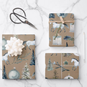Rustikales Kraft Winter White Horse & Blue Spruce  Geschenkpapier Set