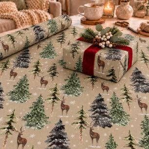Rustikales Kraft Winterwald Fichtenbäume & Hirsche Geschenkpapier