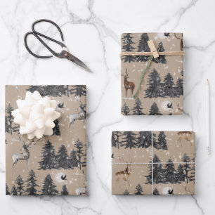 Rustikales Kraft Winterwald-Wald-Rentierwald Geschenkpapier Set