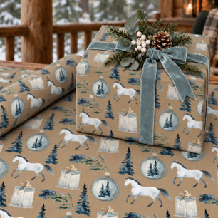 Rustikales Kraft Winterweiß Pferd & Blaue Tanne 2 Geschenkpapier
