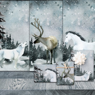 Rustikales Kraft Woodland Winter Szene Wolf Stag P Geschenkpapier Set