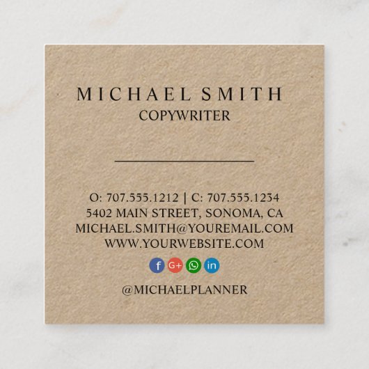 Rustikales Kraftpapier addieren Ihr Logo Quadratische Visitenkarte (Rückseite)