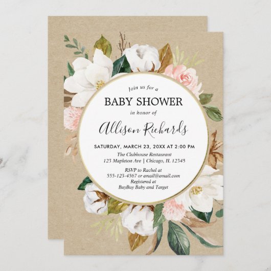 Rustikales Kraftpapier erröten Blumenmädchen der Einladung (Vorne/Hinten)
