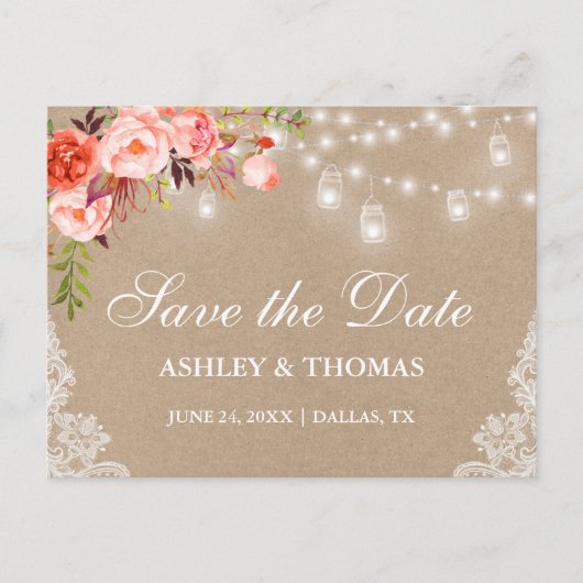 Rustikales Kraftpapier-Glas beleuchtet Ankündigungspostkarte (Vorderseite)