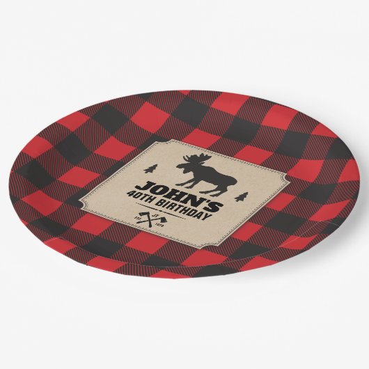 Rustikales Kraftpapier sieht Buffalo Kariert mit E Pappteller (Schrägansicht)