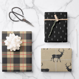 Rustikales Kraftpapier   Weihnachts-Karo Hirschgew Geschenkpapier Set