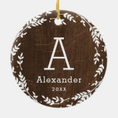 Rustikales Kranz-Foto und Monogramm-Keepake Keramik Ornament (Hinten)