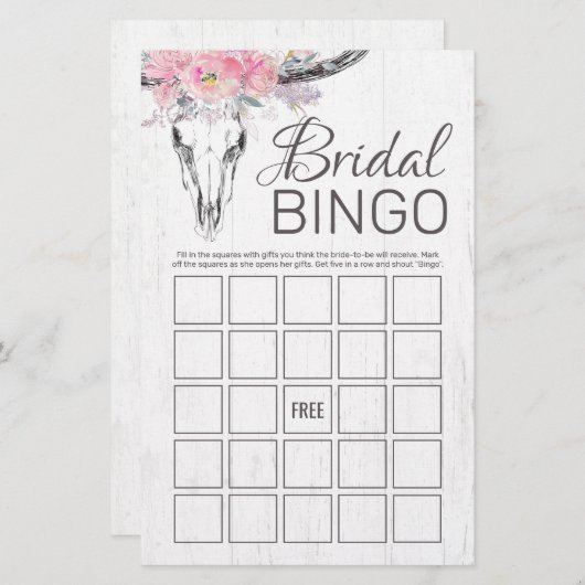 Rustikales Kuh Skull Boho Floral Bridal Bingo Spie (Vorne/Hinten)