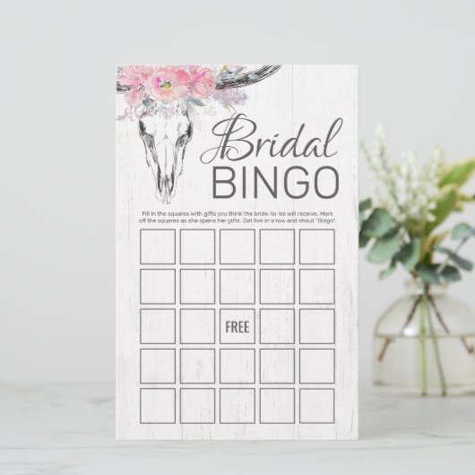 Rustikales Kuh Skull Boho Floral Bridal Bingo Spie (Stehend Vorderseite)