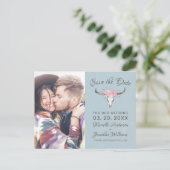 Rustikales Kuh Skull Boho Floral Foto B Save the D Ankündigungspostkarte (Stehend Vorderseite)