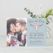 Rustikales Kuhhaut Blütenblau Wasserfarbe B Foto Save The Date (Stehend Vorderseite)