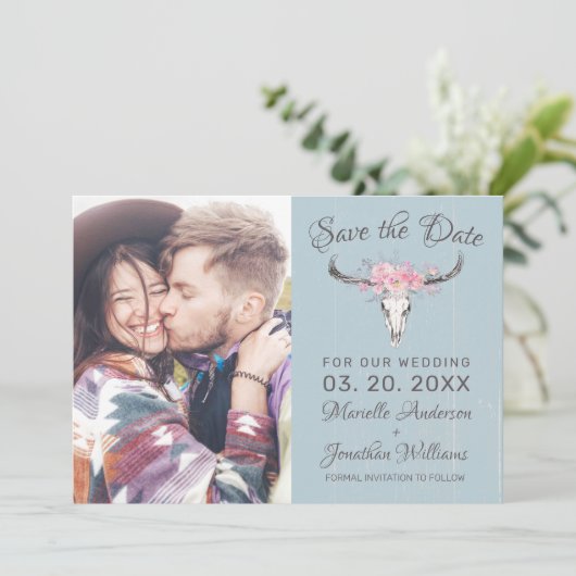 Rustikales Kuhhaut Blütenblau Wasserfarbe B Foto Save The Date (Stehend Vorderseite)