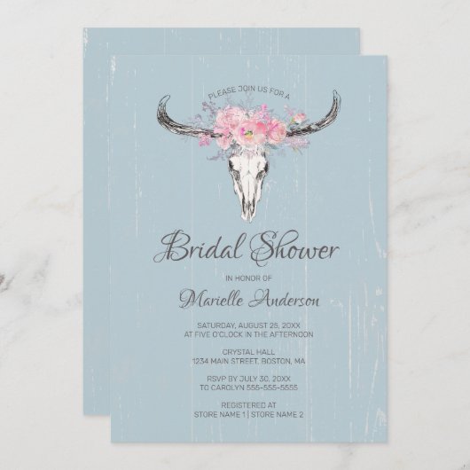 Rustikales Kuhskull Boho Blush Floral B Brautparty Einladung (Vorne/Hinten)