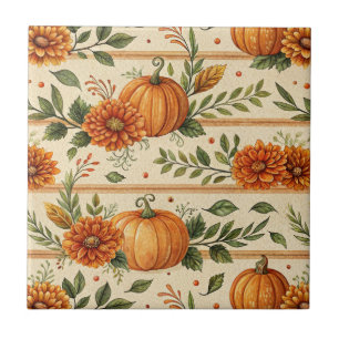Rustikales Kürbis- und Chrysanthemen-Herbstmuster Fliese