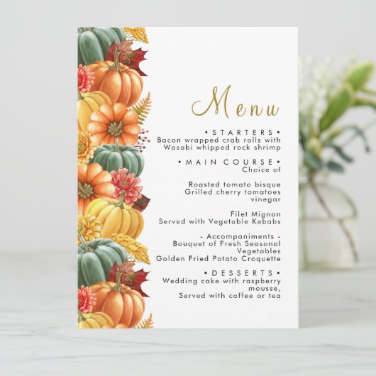 Rustikales Kürbismenü und Hochzeitsmenü für Blume Menükarte (Stehend Vorderseite)