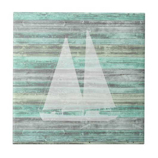 Rustikales Küstendekor Segelboot Fliese (Vorderseite)