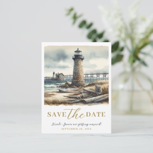 Rustikales KüstenLeuchtturm Save the Date Ankündigungspostkarte (Stehend Vorderseite)