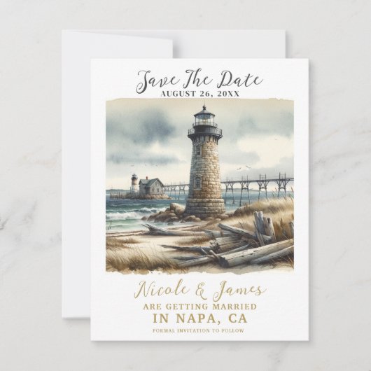 Rustikales KüstenLeuchtturm Save the Date Einladung (Vorderseite)