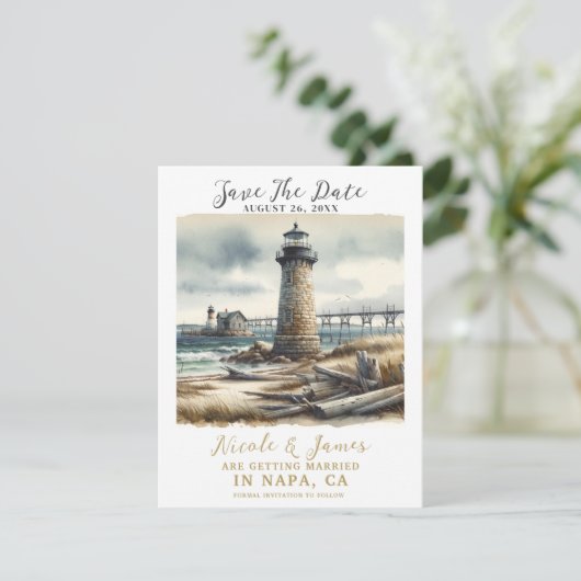 Rustikales KüstenLeuchtturm Save the Date Einladung (Stehend Vorderseite)