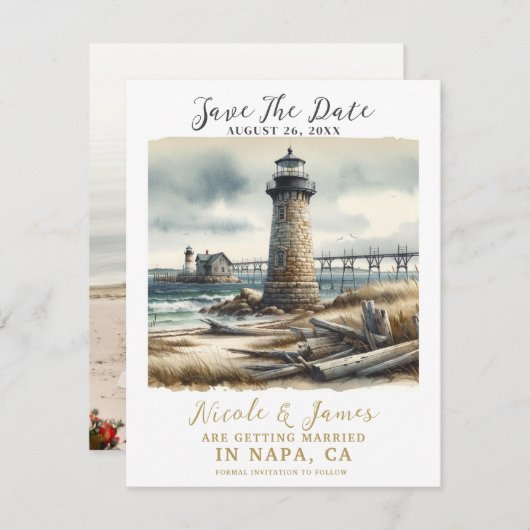 Rustikales KüstenLeuchtturm Save the Date Einladung (Vorne/Hinten)