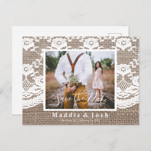 Rustikales l Burlap und Spitzen Save the Date Post Einladungspostkarte (Vorne/Hinten)
