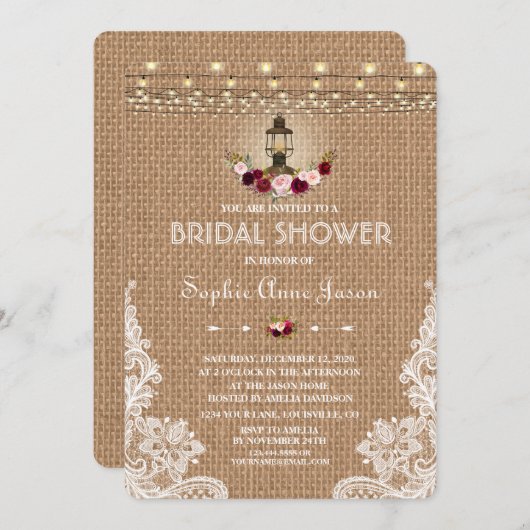Rustikales Lace Burlap String Lights Brautparty Einladung (Vorne/Hinten)