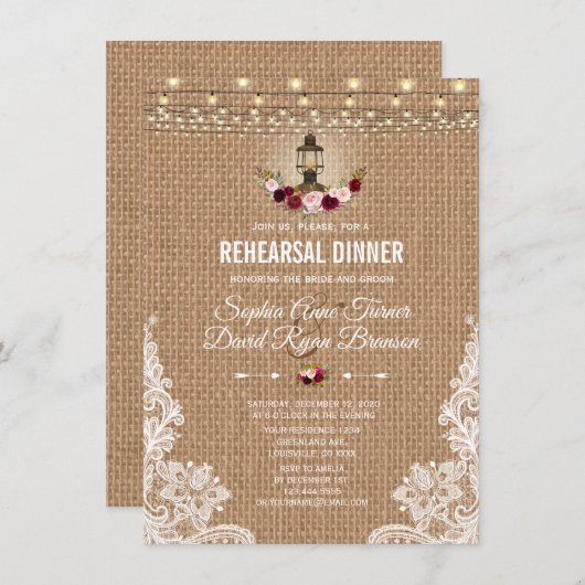 Rustikales Lace Burlap String Lights Probe Dinner Einladung (Vorne/Hinten)