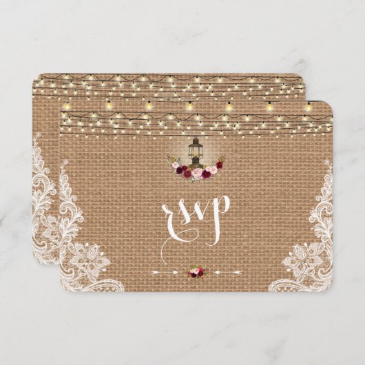 Rustikales Lace Burlap String Lights Wedding RSVP (Vorne/Hinten)