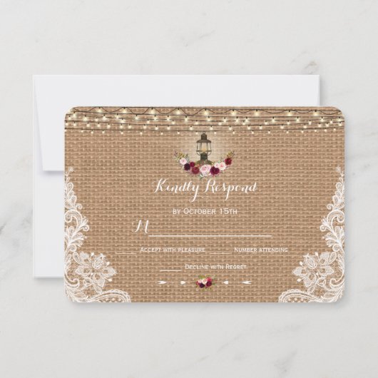 Rustikales Lace Burlap String Lights Wedding RSVP (Rückseite)