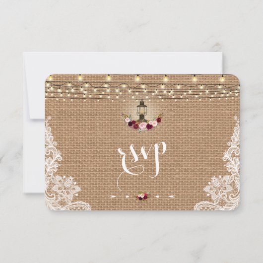 Rustikales Lace Burlap String Lights Wedding RSVP (Vorderseite)