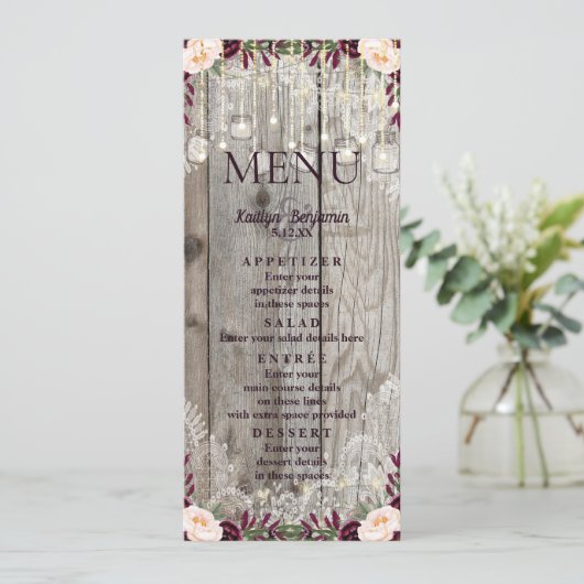 Rustikales Lace Jar Wood & String Lights Hochzeitm Menükarte (Stehend Vorderseite)