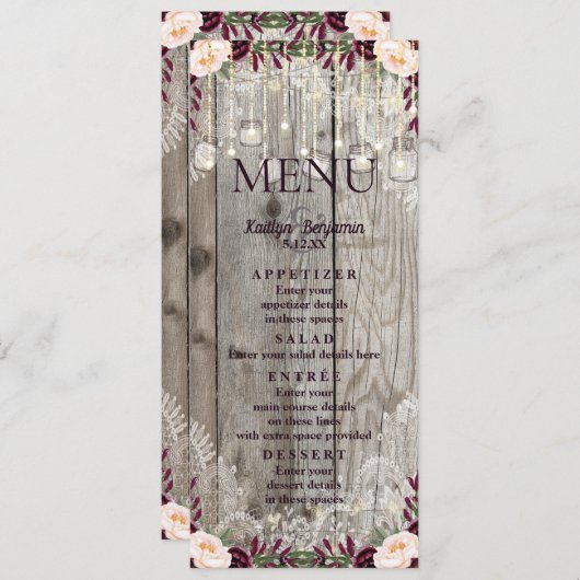 Rustikales Lace Jar Wood & String Lights Hochzeitm Menükarte (Vorne/Hinten)