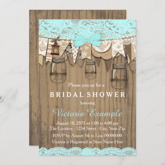 Rustikales Lace Mason Jar Brautparty Einladung (Vorne/Hinten)