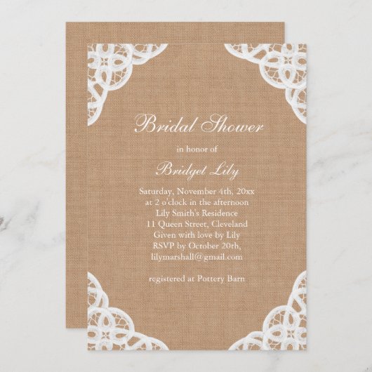 Rustikales Lace & Medium Burlap Brautparty lädt ei Einladung (Vorne/Hinten)